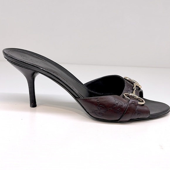 N-11. Gucci Horsebit Open Toe Slides Sandals Heels Dark Brown 8.5B - Picture 3 of 10